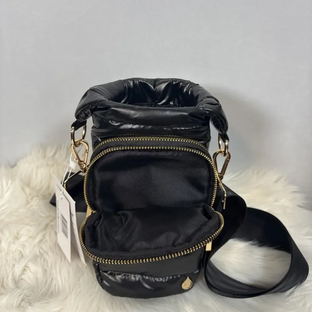 Wanderfull Hydrobag with 34oz Water Bottle Black Shiny Puffer Bag Gold Hardware